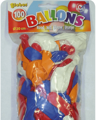 Assorti-Ballonnen-The-Balloon-FactoryNr-1060 Balloon no. 8 pastel, bag with header card, Red, White, Blue, Orange
