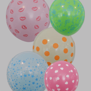 The-Balloon-Factory-Bedrukte-Ballonnen-1052 Ballon no. 12 assorti kleuren met sterren, harten, bloemen, lippen en stippen