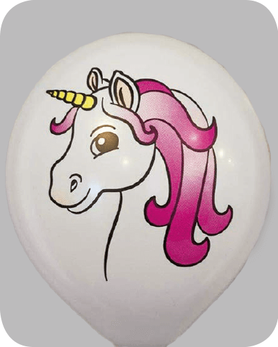 The-Balloon-Factory-Bedrukte-Ballonnen-11532 Ballon no. 12 diverse kleuren met unicorn