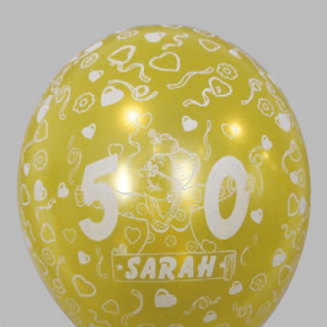 The-Balloon-Factory-Bedrukte-Ballonnen-1558 Balloon No. 14, metallic + pearl, assorted colors, featuring Sarah