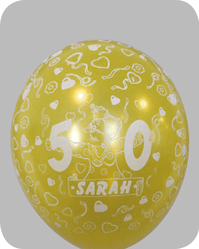 The-Balloon-Factory-Bedrukte-Ballonnen-1558 Ballon no. 14 metallic + parel assorti kleuren met Sarah