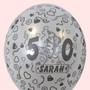 The-Balloon-Factory-Bedrukte-Ballonnen-1565 Ballon no. 14 parel wit met Sarah