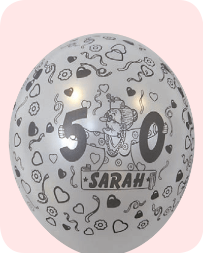 The-Balloon-Factory-Bedrukte-Ballonnen-1565 Ballon no. 14 parel wit met Sarah