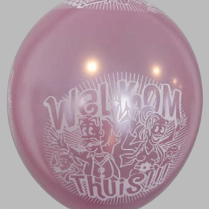 The-Balloon-Factory-Bedrukte-Ballonnen-1592 Balloon No. 14, metallic + pearl, assorted colors, with “Welkom thuis”