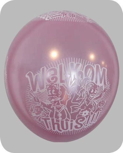 The-Balloon-Factory-Bedrukte-Ballonnen-1592 Balloon No. 14, metallic + pearl, assorted colors, with “Welkom thuis”